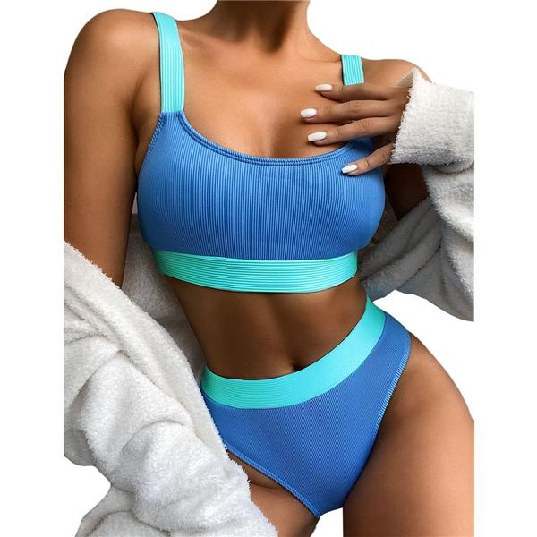 

women's swimwear high waist bikinis 2021 swimsuits bandeau women splicing biquini beachwear sports ribbed bathing suits, White;black