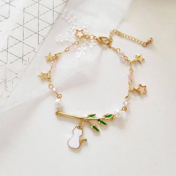 

white cat leaf pendant bracelet link, chain, Black