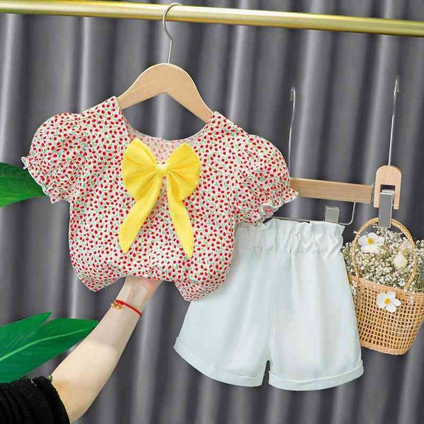 

kids clothes girls summer fire floral bow puff sleeve two piece set sweet princess suit 1 2 3 4 years, White