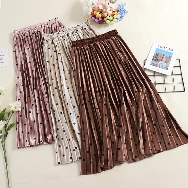

skirts 2021 spring autumn vintage velour skirt women high waist mid-calf dot sweet all-match a-line famale mw530, Black