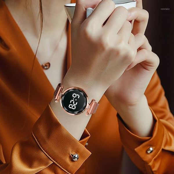 

wristwatches luxury digital magnet watches for women rose gold stainless steel dress led quartz watch female clock relogio feminino drop shi, Slivery;brown