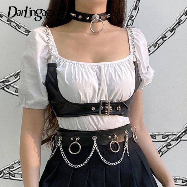 

women's tanks & camis darlingaga gothic dark punk style strap corset streetwear chain pu leather female cummerbunds wear out bustier cr, White