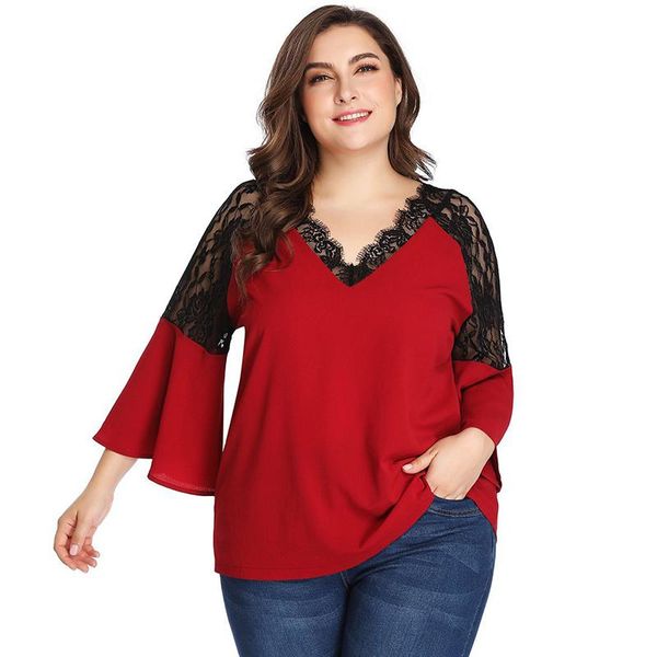 

lace patchwork shirt women v neck flare sleeve womens summer jujube red plus size loose shirts women's blouses, White