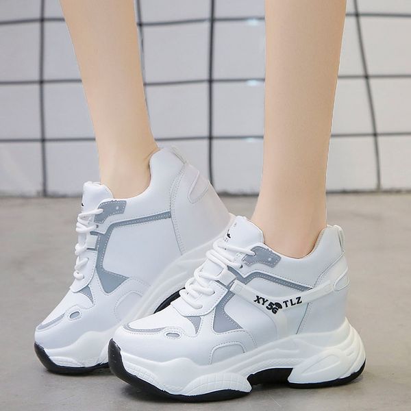 

Women Wedges Sport Shoes For Woman Increasing 8CM Chunky Dad Sneakers Ladies Breathable Leather Platform Casual Shoes New, White