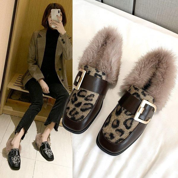 

boots leopard print fur shoes women wild british style and ankle women's square toe flat ins trend fashion lazy, Black