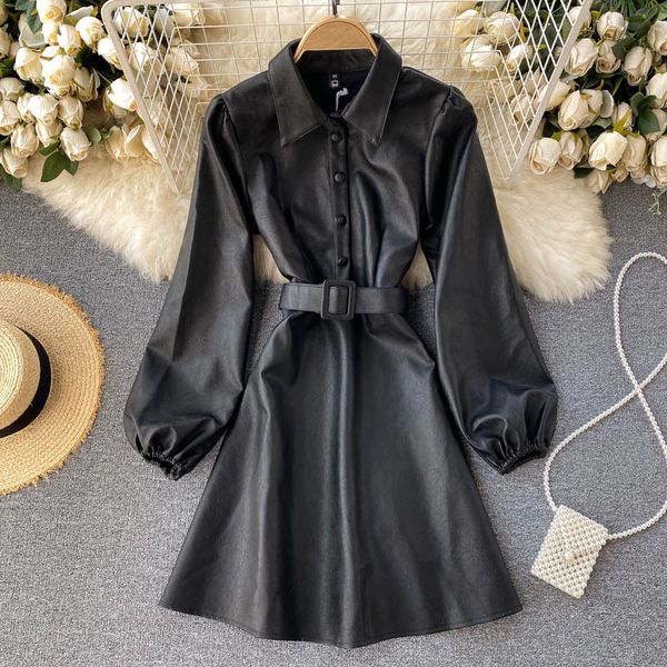 

south korea's dongdaemun pu leather lapel tie-up waist is thinner yujie temperament windbreaker dress 210525, Black;gray