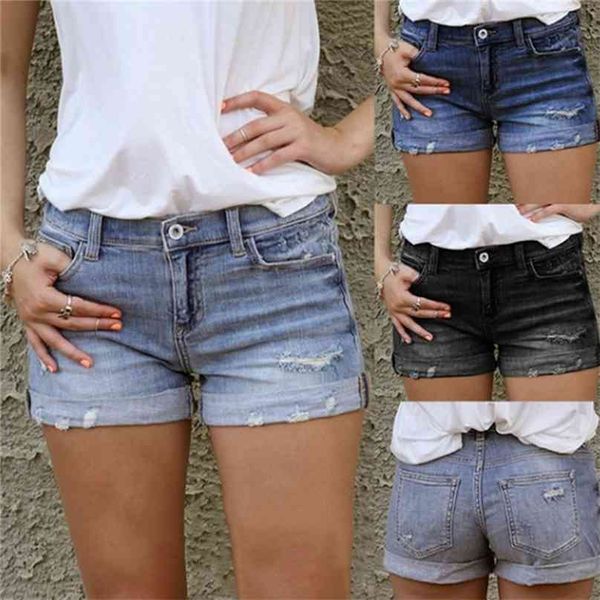 Vintage Ripped Hole Fringe Blue Jeans Denim Shorts Damen Casual Button Pocket Style Short 210719