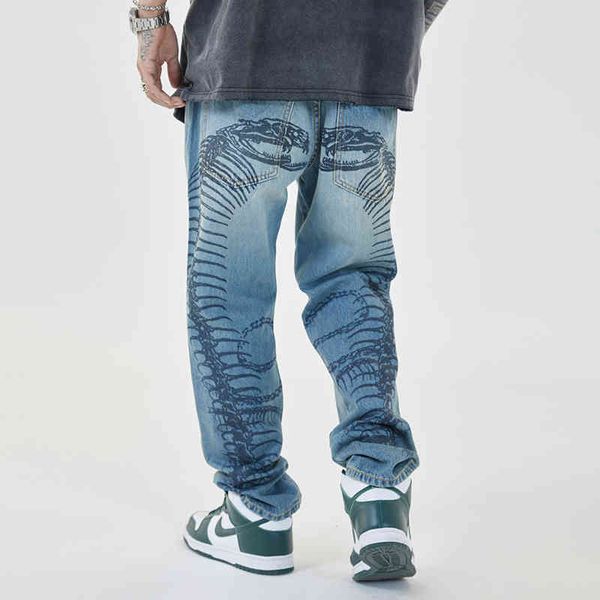 

pattern print retro jeans pants mens streetwear ripped straight washed casual denim trousers, Black