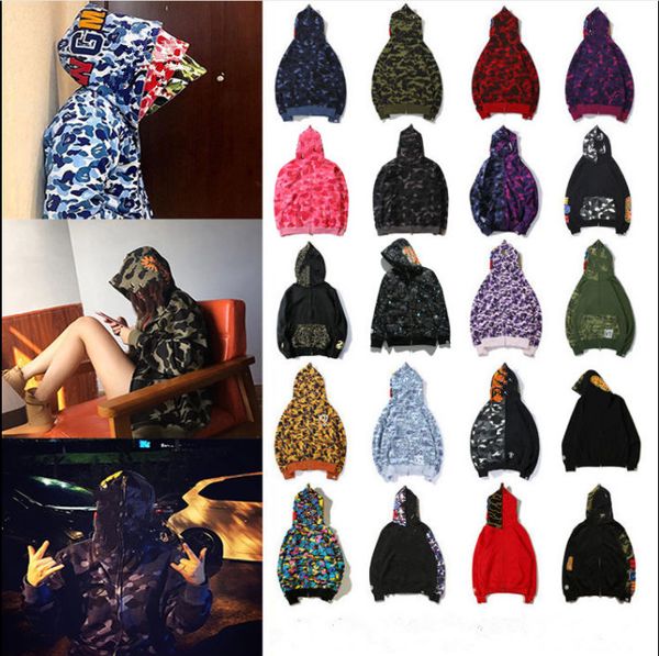 

fashion mens stylist cartoon shark print camouflage hooded sweater womens hip hop large loose couples cardigan zipper shark head coat mens, Black