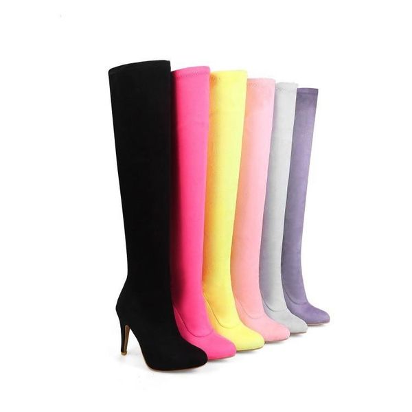 

boots over-knee thin heel pink large size shoes stretch, Black