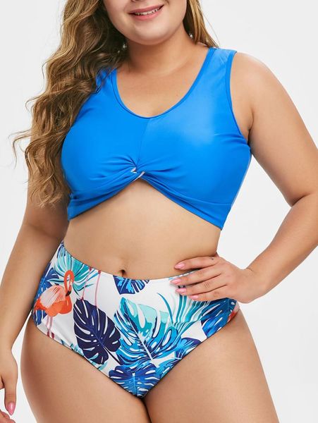

one-piece suits twist hem flamingo leaves print plus size tankini swimsuit