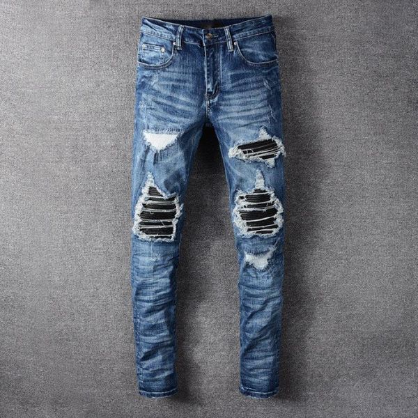 

men's jeans hip hop wrinkled holes blue men jean trendy leather patchwork slim fit trousers stretch big size four seasons denim pants