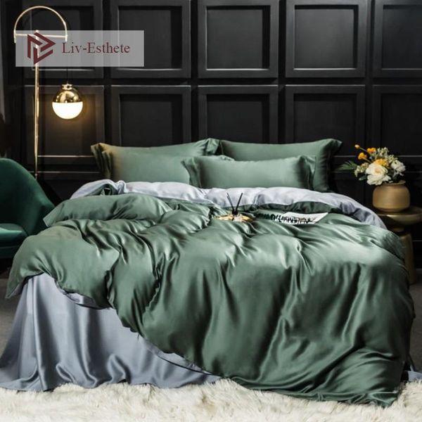 

bedding sets liv-esthete luxury 100% silk green gray set beauty healthy silky  king duvet cover flat sheet pillowcase bed
