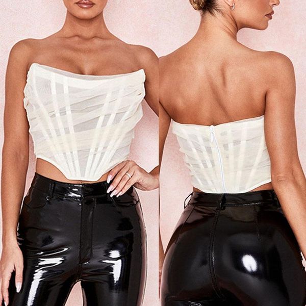 

women's tanks & camis see through mesh crop women sleeveless off shoulder corset female backless bustier, White