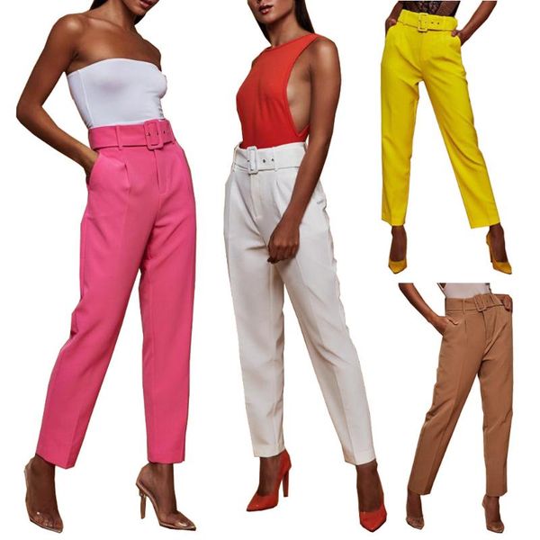 

women's pants & capris ladies casual high waist pure color capri-pants straight trousers-containing waistband pantalones mujer cintura, Black;white