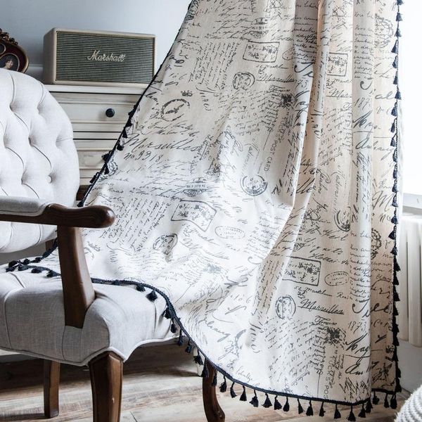 

curtain & drapes finished letter printing black tassel small window kitchen cotton linen semi shading bay single piece