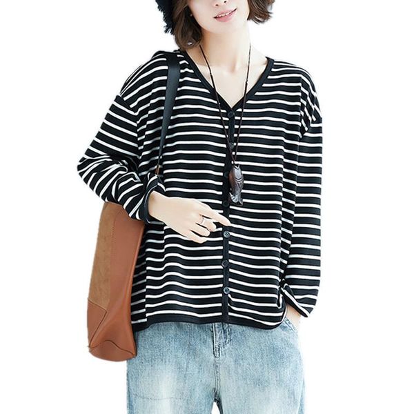 

women's jackets large size 5xl long sleeve v-neck vintage black striped autumn coat women jacket coats 2021 plus female hoody, Black;brown