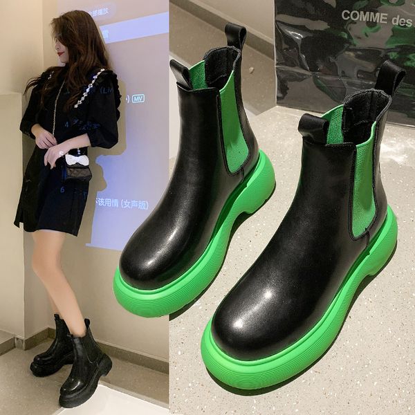 

2022 women platform chelsea boots waterproof boots ladies leather elastic band boots designer shoes zapatos botines mujeres, Black