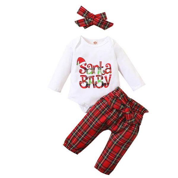 

christmas newborn outfits baby clothing sets girls clothes infant suits cotton long-sleeved plaid print romper pants trousers headbands 3pcs, White