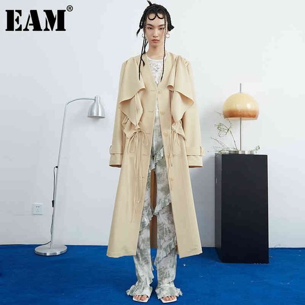 

[eam] women yellow ruffles hollow out drawstring trench lapel long sleeve windbreaker fashion spring autumn 1dd7061 21512, Tan;black
