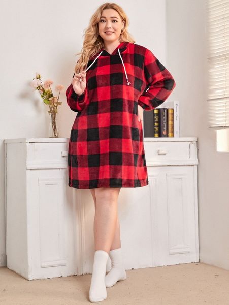 

plus buffalo plaid pattern drawstring hooded nightdress o7io#, Black;white