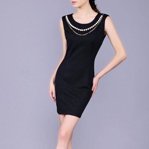 

casual dresses female spring plus size black pencil woman summer sleeveless knee-length dress women beading slim lady ol, Black;gray