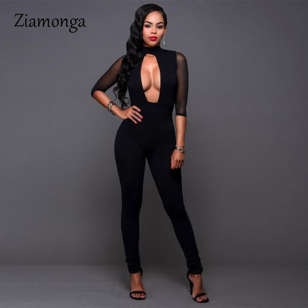 

women's jumpsuits & rompers ziamonga sheer mesh patchwork bandage jumpsuit hollow out chest half sleeve women romper tracksuit night cl, Black;white