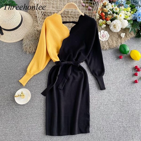 

casual dresses ins fashion knitting women dress 2021 autumn winter elegant batwing sleeve v-neck sweater ladies office vestidos, Black;gray