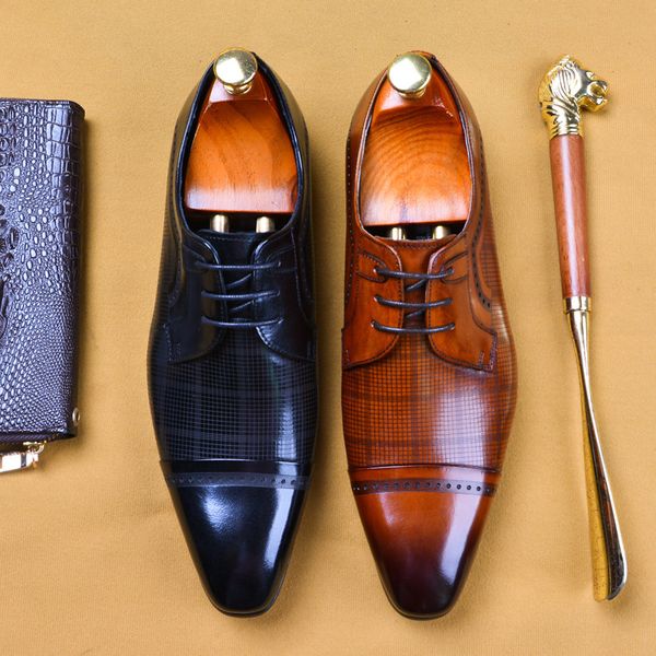Шнуровка мужская формальная обувь натуральная кожа свадебный брог бизнес Оксфорд вечеринка обувь черный коричневый заостренный носок мужские платья обувь