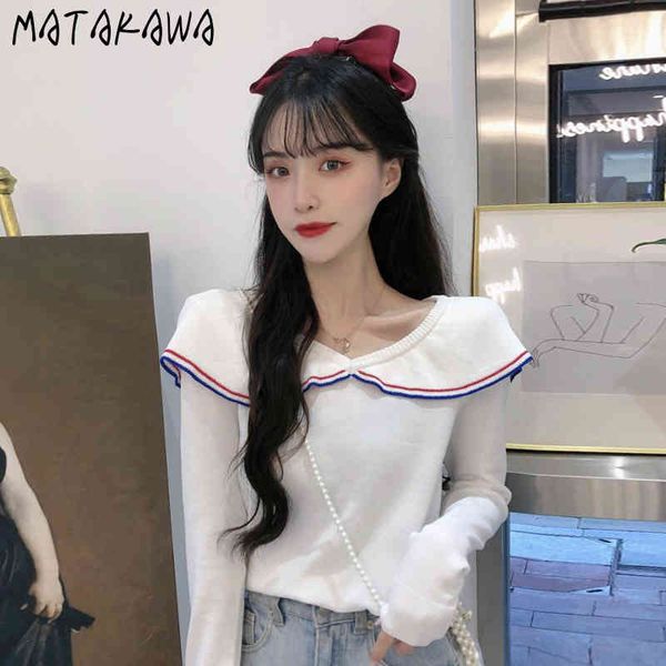 

matakawa slim white sweater women autumn sweet fresh turn-down collar pullovers ladies 210513, White;black