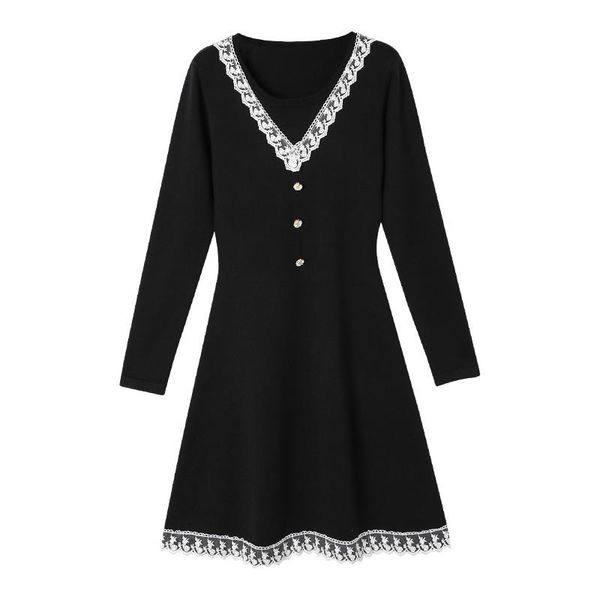 

casual dresses autumn women's knitted long-sleeve dress 2021 high-end temperament slimming french hepburn style small black, Black;gray