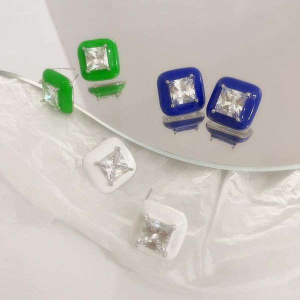 

stud luxury zircon white blue green square earrings for women 2021 fashion designers earings jewelry wholesale, Golden;silver