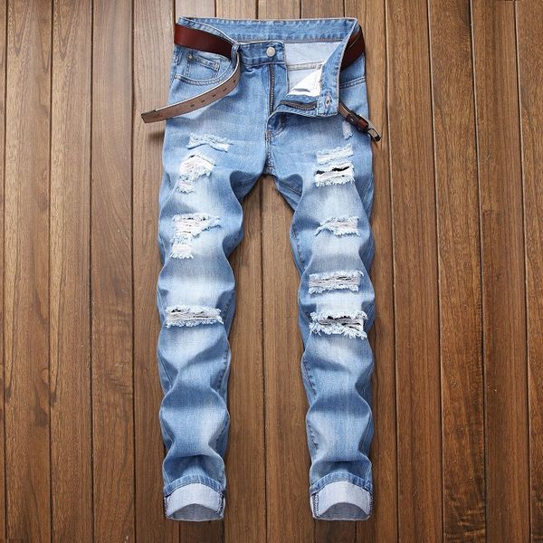 

Mens Casual Straight Jeans Retro Slim Skinny Jeans Fashion Designer Ripped Men Hip Hop Light Blue Denim Pants