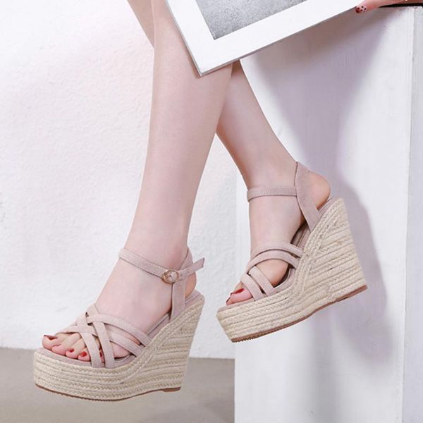 

sandals rope wedges platform for women's slingback shoes cross-tie high heels summer ladies wedge casual heel, Black