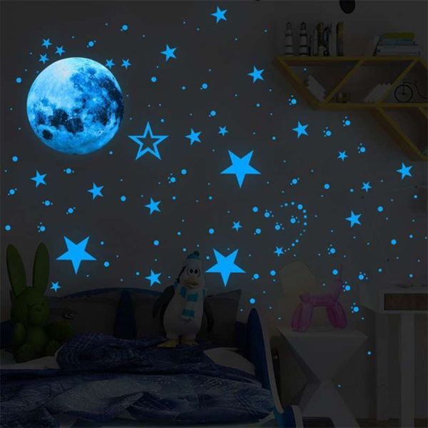 435 pcs / set Luminous Moon Stars dots Etiqueta de la pared habitación de los niños sala de estar decoración del hogar calcomanías Resplandor en la oscuridad Pegatinas 210929