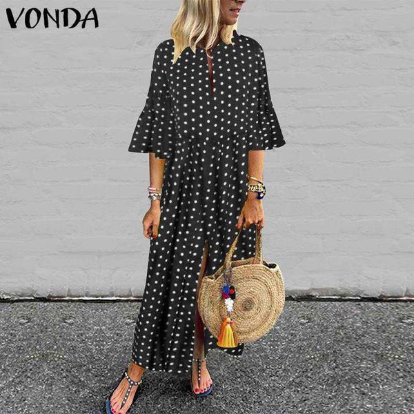 

dress women half sleeve split party long dresses flare sleeve polka dot print dress 2021 vonda holiday sundress vestidos y1006, Black;gray