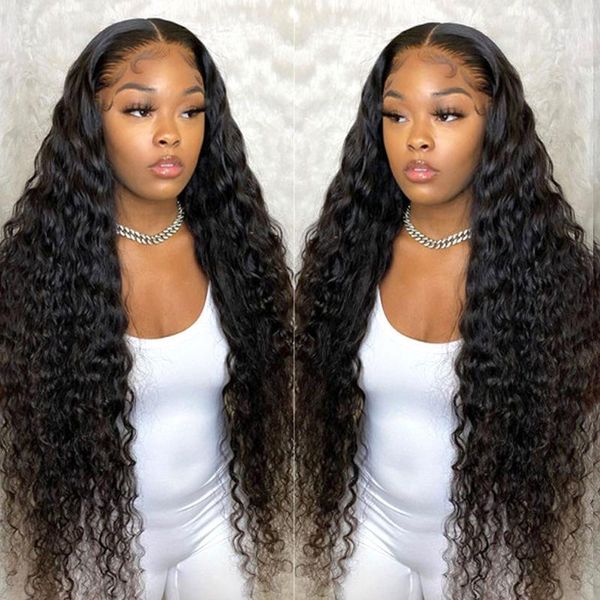 

deep curly t-part hd transparent lace frontal wigs front wig1, Black;brown