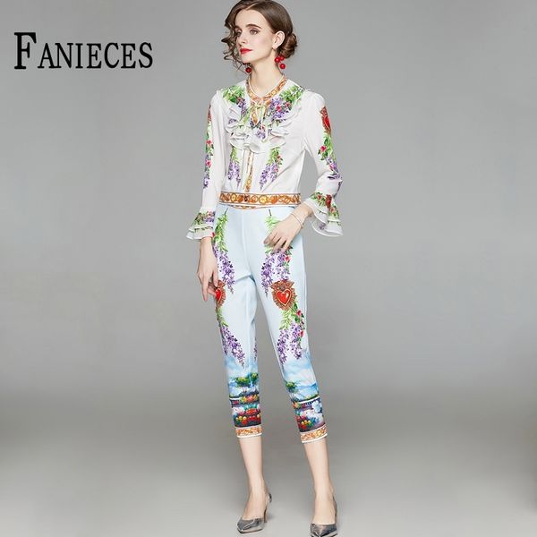 

autumn designer print runway 2 piece set women pants and 3/4 long sleeve elegant shirt fashion two sets suit 210520, White