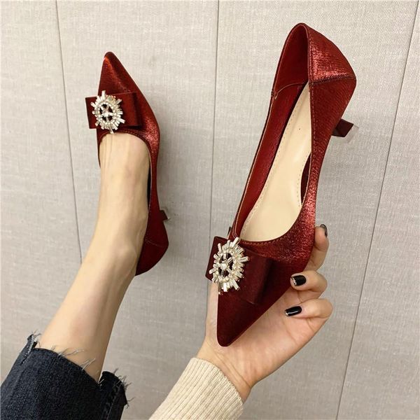 

dress shoes spring and autumn satin high-heeled shallow mouth rhinestone pointed toe elegant temperament low-heeled, Black