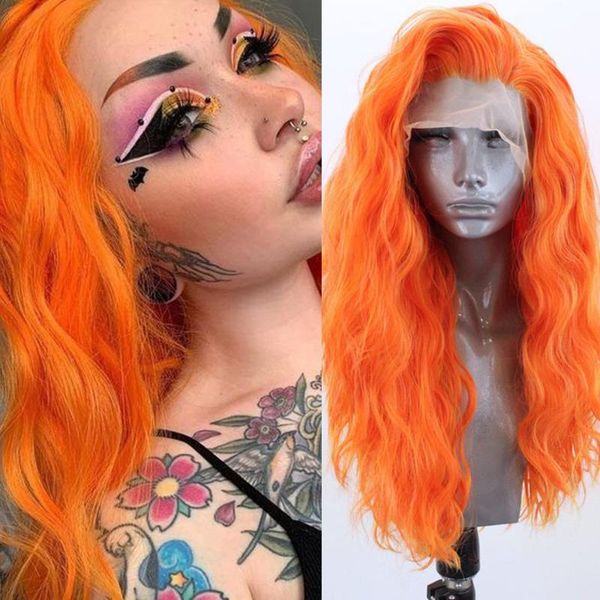 

synthetic wigs fanxiton lace front orange cosplay natural wave high temperture fiber hair glueless for black women