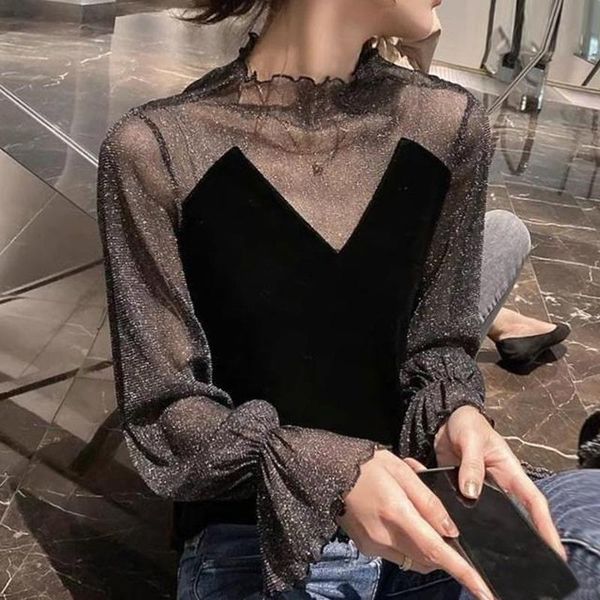 

silk mesh patchwork women t-shirts black see-through flare sleeved night club female pulls tees 3xl 4xl women's t-shirt, White