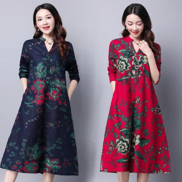 

women casual basic spring autumn printed cotton linen dress v-neck long sleeve plus size ~2xl dresses, Black;gray