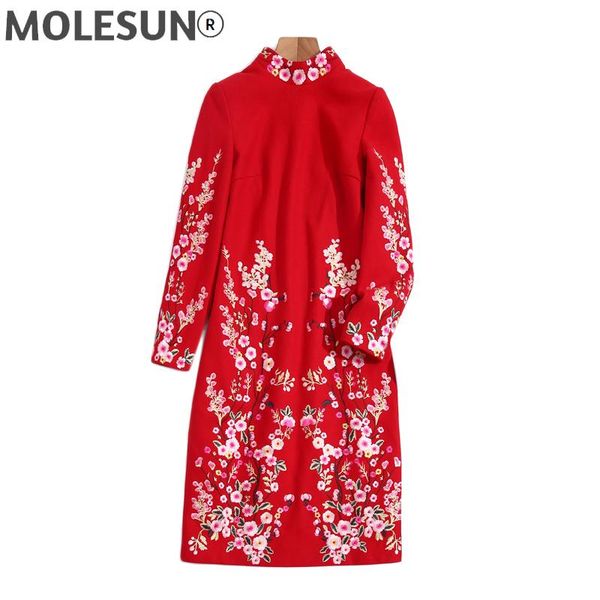 

casual dresses fashion runway 2021 spring women's flower embroidery high neck long sleeve vintage elegant party slim red woolen midi dr, Black;gray