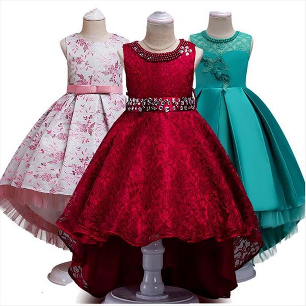 

3 14t flower girl trailing dresses wedding pearl bright drill tutu dress lace princess long party, Red;yellow