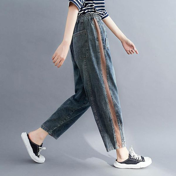 

women's jeans spring autumn fashion women elastic waist loose vintage blue side stripe patchwork denim harem pants plus size v244 mm5a