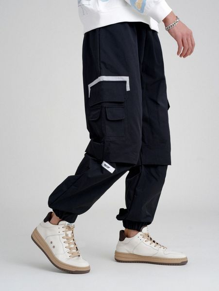

men letter patched detail flap pocket side cargo pants m9o9#, Black