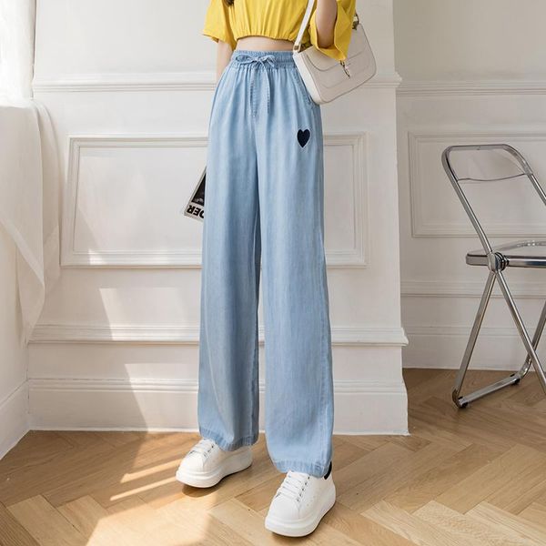 

women's jeans casual tencel denim wide-leg trousers women chic heart-shaped embroidery high waist pants spring summer lady leisure clot, Blue