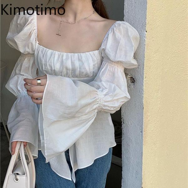 

women's blouses & shirts kimotimo fairy blouse women korean split design square collar flare sleeve solid ladies 2021 temperament all-, White
