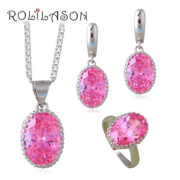 

earrings & necklace rolilason pink princess jewelry set champagne silver plated necklaces rings for wedding js664