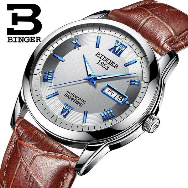 

switzerland watches men wristwatches binger luminous mechanical leather strap waterproof bg-0383-16, Slivery;brown